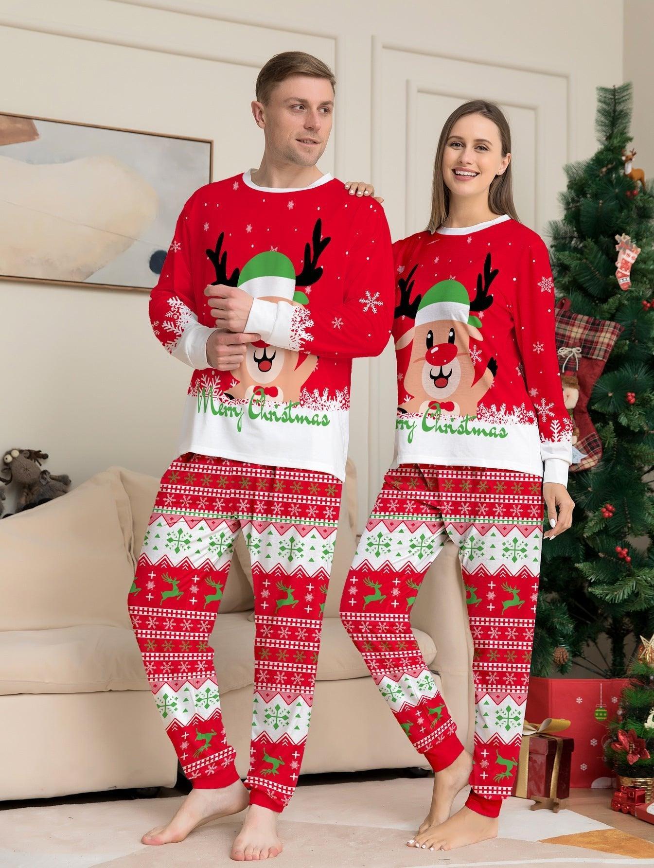 Christmas Red Family Matching Pajamas | Reindeer Cartoon Print Holiday Sleepwear for Parents and Kids - Coscosmos