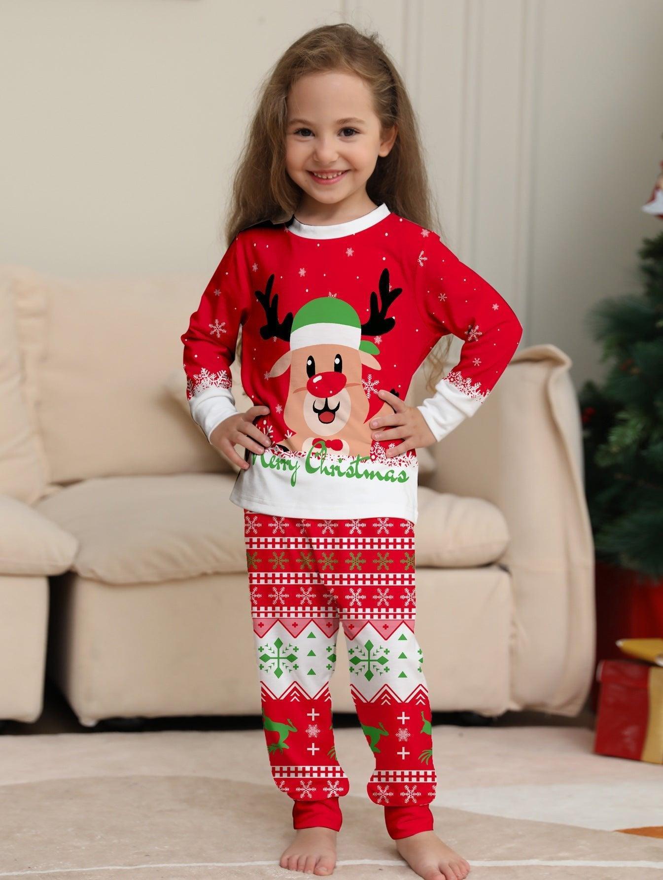 Christmas Red Family Matching Pajamas | Reindeer Cartoon Print Holiday Sleepwear for Parents and Kids - Coscosmos