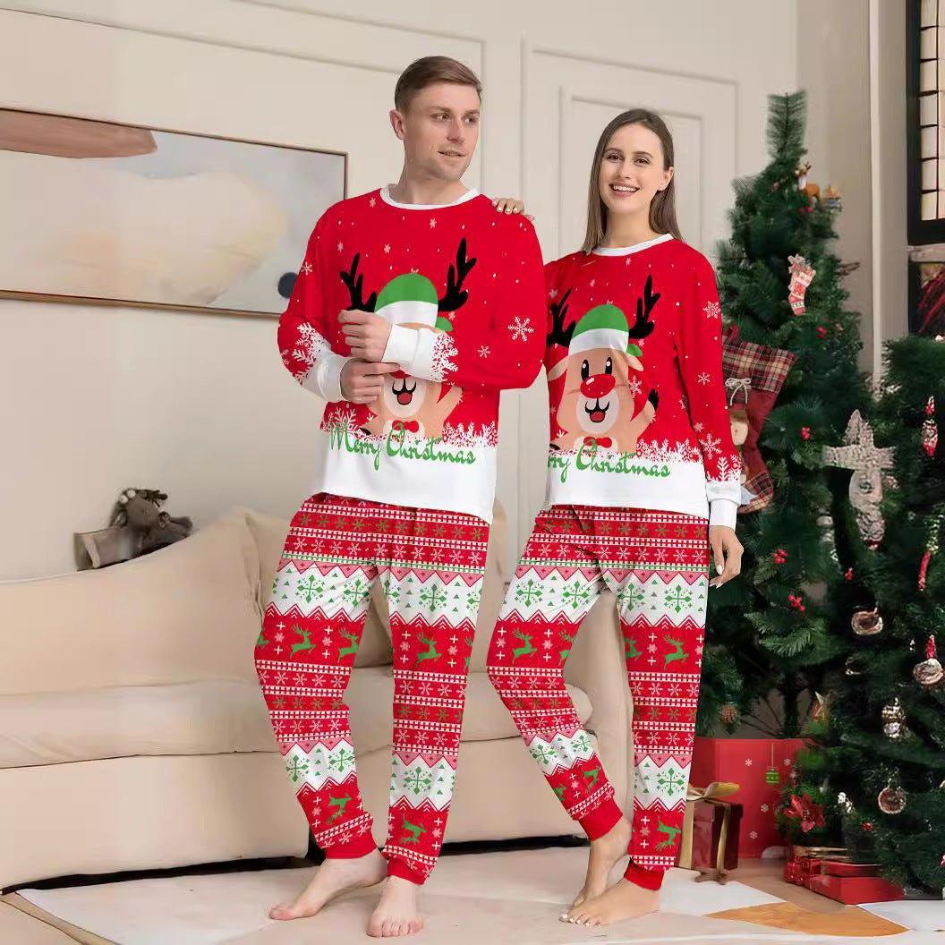 Christmas Red Family Matching Pajamas | Reindeer Cartoon Print Holiday Sleepwear for Parents and Kids - Coscosmos