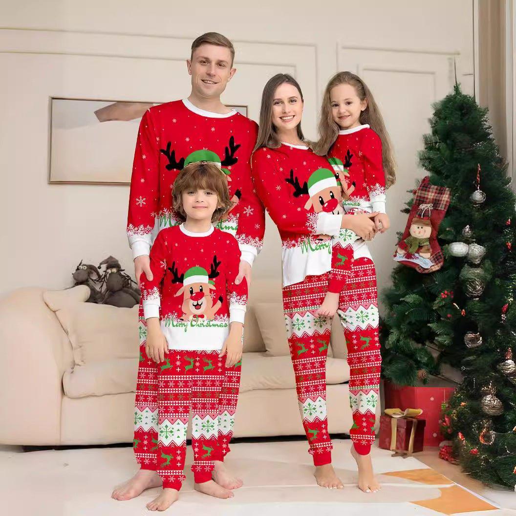 Christmas Red Family Matching Pajamas | Reindeer Cartoon Print Holiday Sleepwear for Parents and Kids - Coscosmos