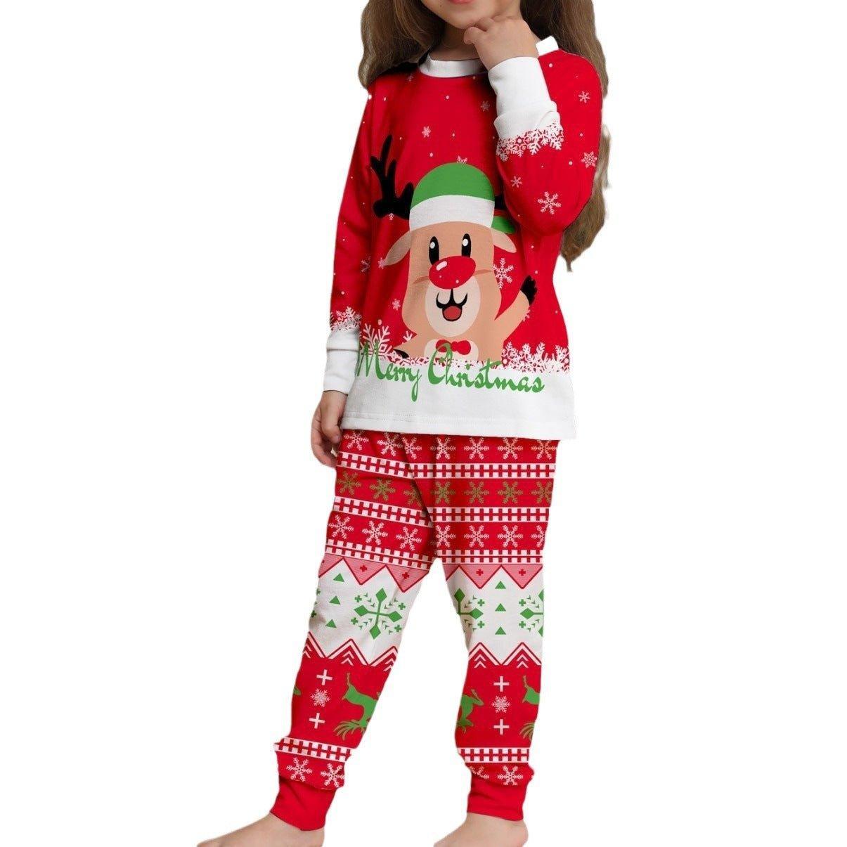 Christmas Red Family Matching Pajamas | Reindeer Cartoon Print Holiday Sleepwear for Parents and Kids - Coscosmos