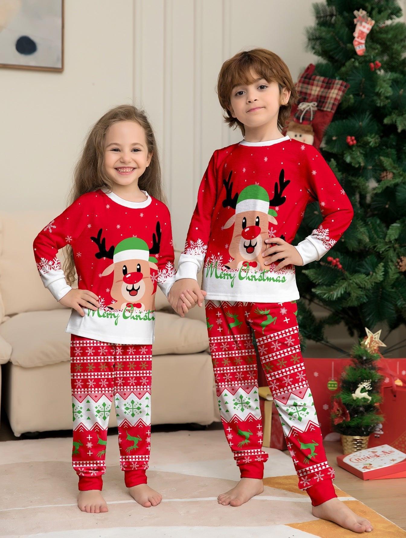 Christmas Red Family Matching Pajamas | Reindeer Cartoon Print Holiday Sleepwear for Parents and Kids - Coscosmos