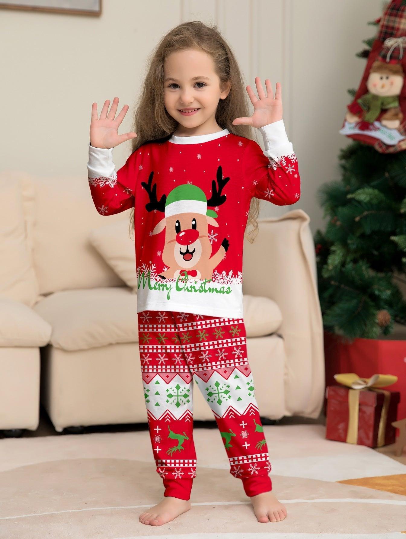 Christmas Red Family Matching Pajamas | Reindeer Cartoon Print Holiday Sleepwear for Parents and Kids - Coscosmos