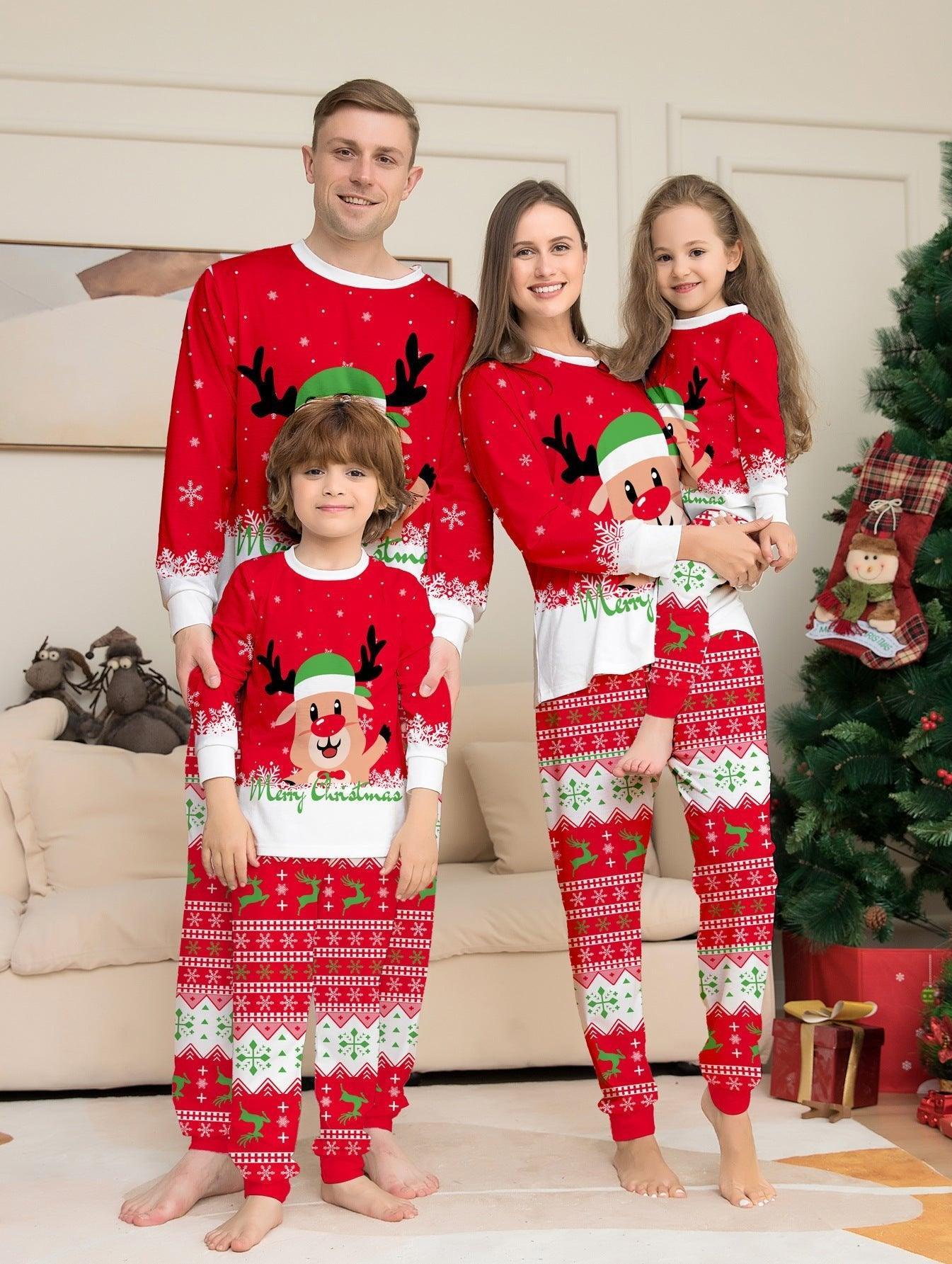 Christmas Red Family Matching Pajamas | Reindeer Cartoon Print Holiday Sleepwear for Parents and Kids - Coscosmos