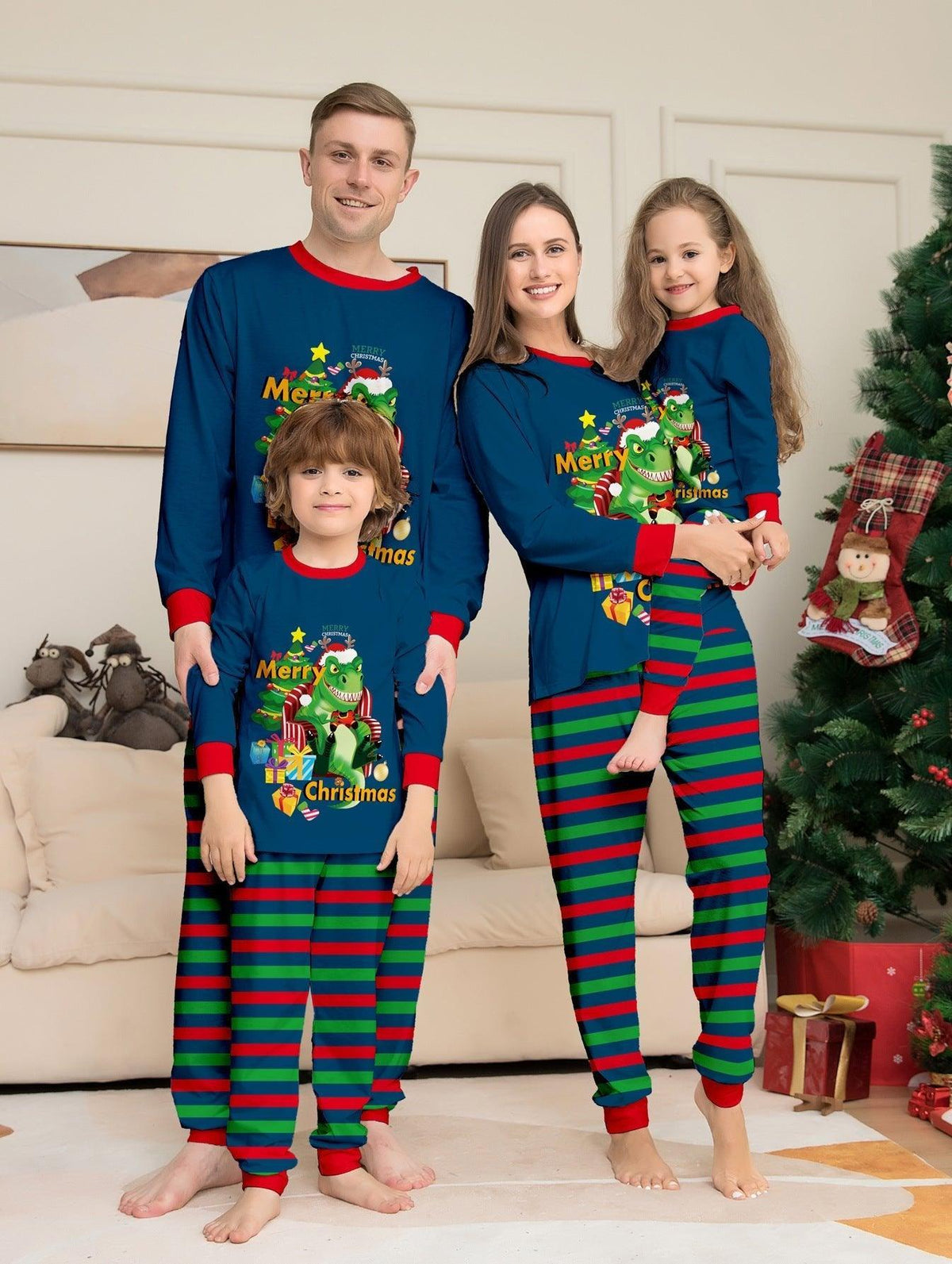 Christmas T - Rex & Christmas Tree Matching Family Pajamas Set | Fun Holiday Cartoon Print Sleepwear - Coscosmos