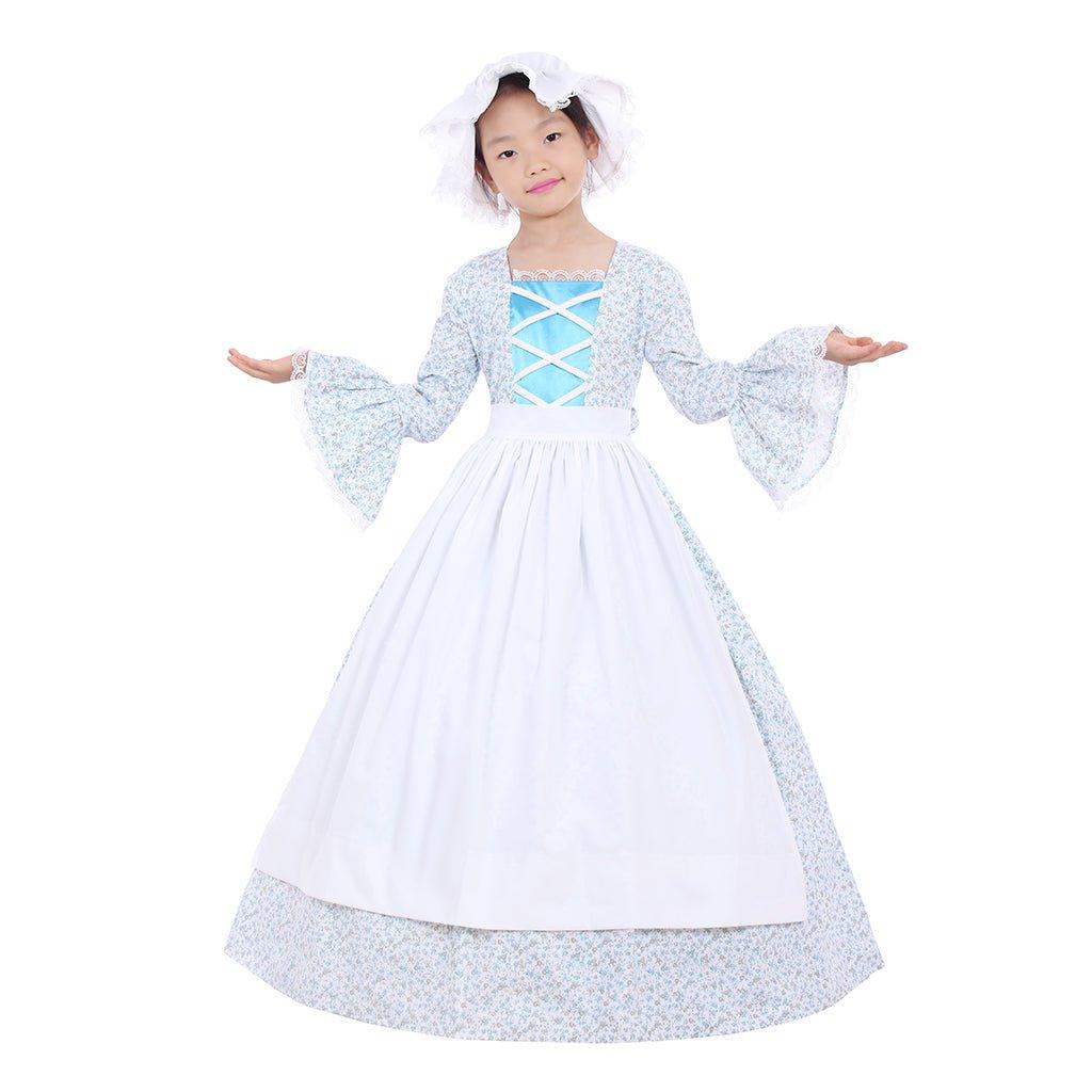 Colonial Girls Cosplay Costume | Victorian Medieval Style Dress with Hat & Floral Print for Kids - Coscosmos