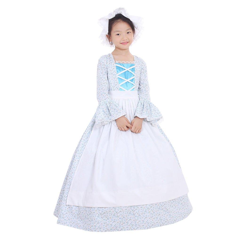 Colonial Girls Cosplay Costume | Victorian Medieval Style Dress with Hat & Floral Print for Kids - Coscosmos