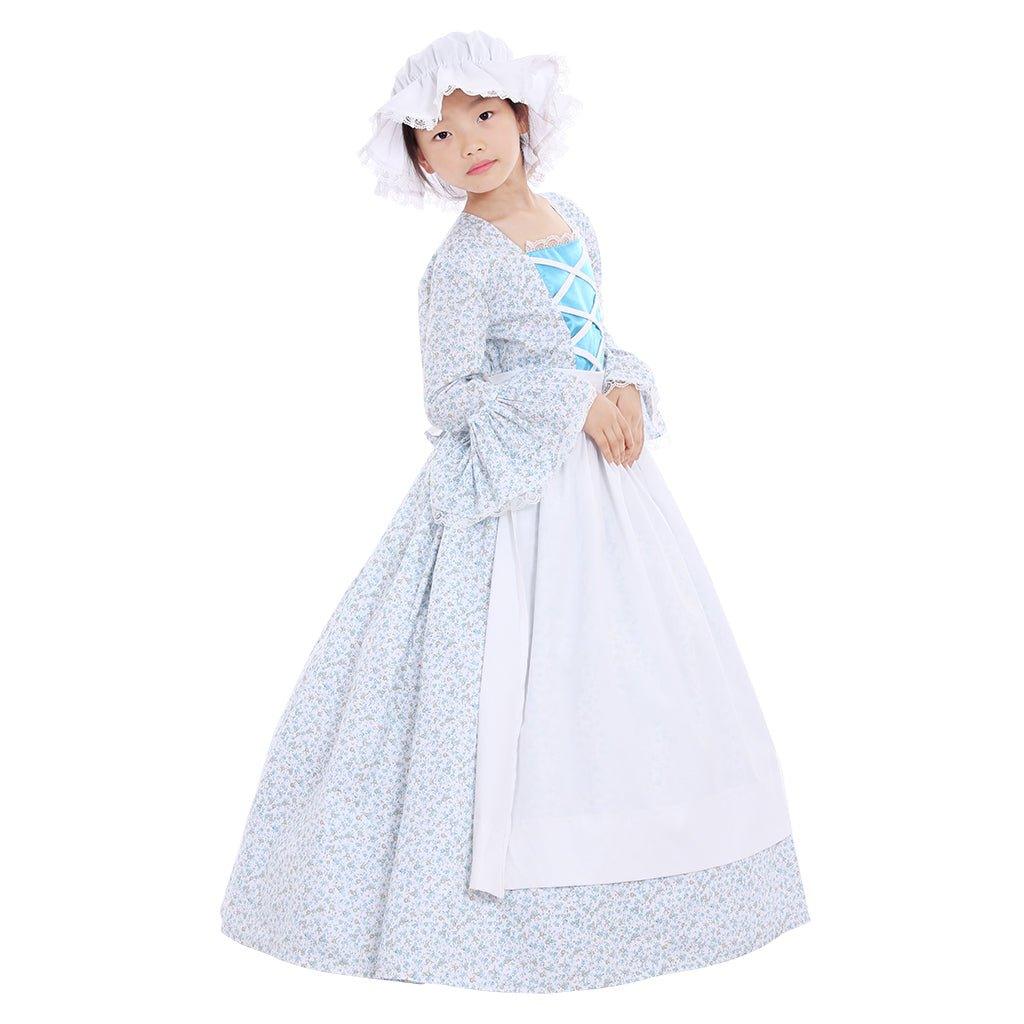 Colonial Girls Cosplay Costume | Victorian Medieval Style Dress with Hat & Floral Print for Kids - Coscosmos