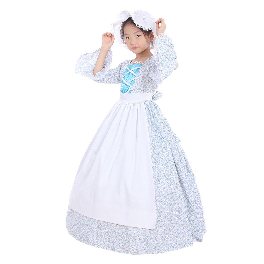 Colonial Girls Cosplay Costume | Victorian Medieval Style Dress with Hat & Floral Print for Kids - Coscosmos