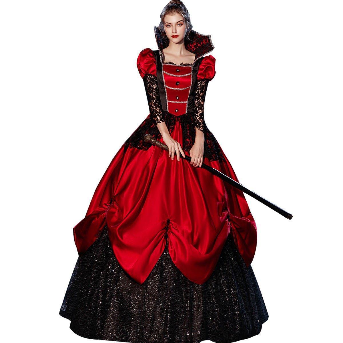 Crimson Noblesse Gown: Gothic Red and Black Halloween Costume for Theatrical Events - Coscosmos