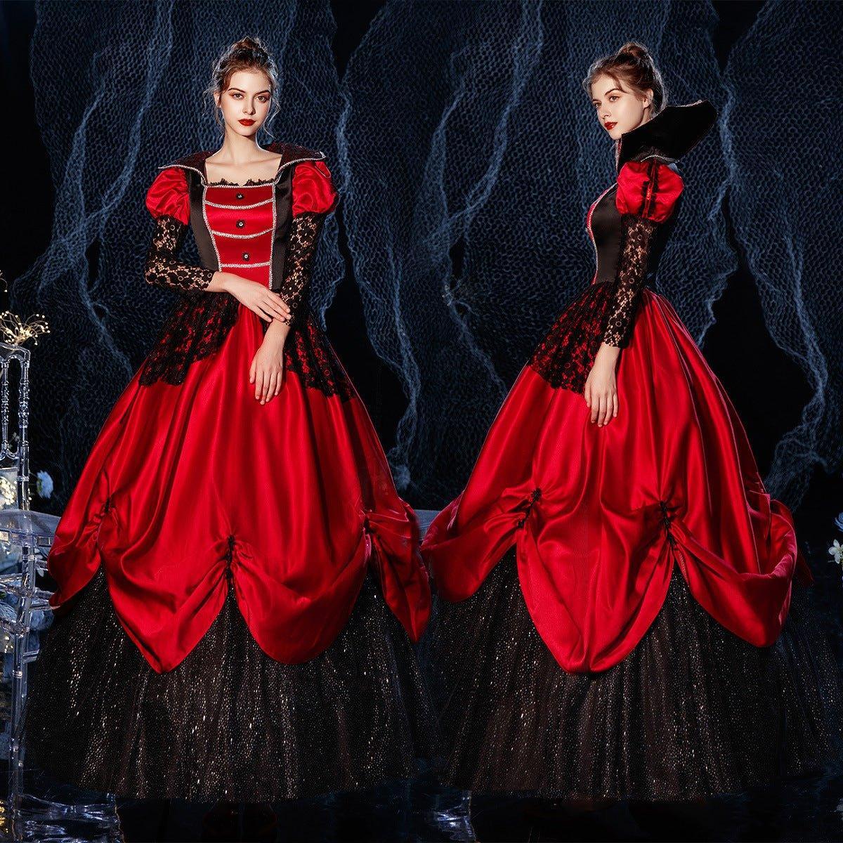 Crimson Noblesse Gown: Gothic Red and Black Halloween Costume for Theatrical Events - Coscosmos