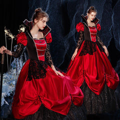 Crimson Noblesse Gown: Gothic Red and Black Halloween Costume for Theatrical Events - Coscosmos