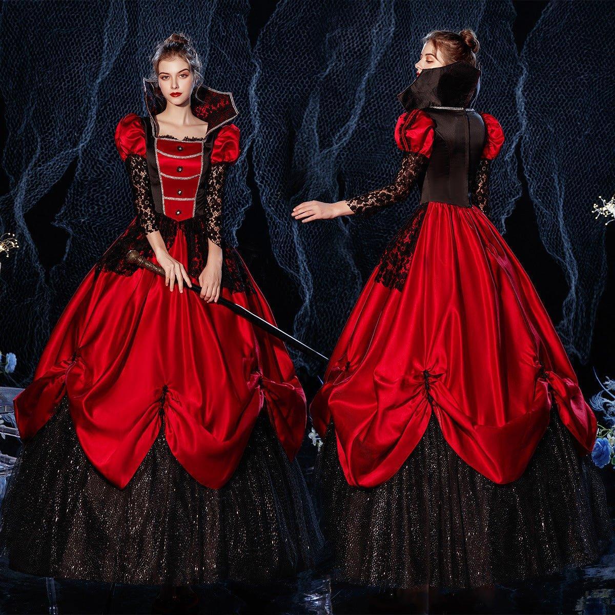 Crimson Noblesse Gown: Gothic Red and Black Halloween Costume for Theatrical Events - Coscosmos