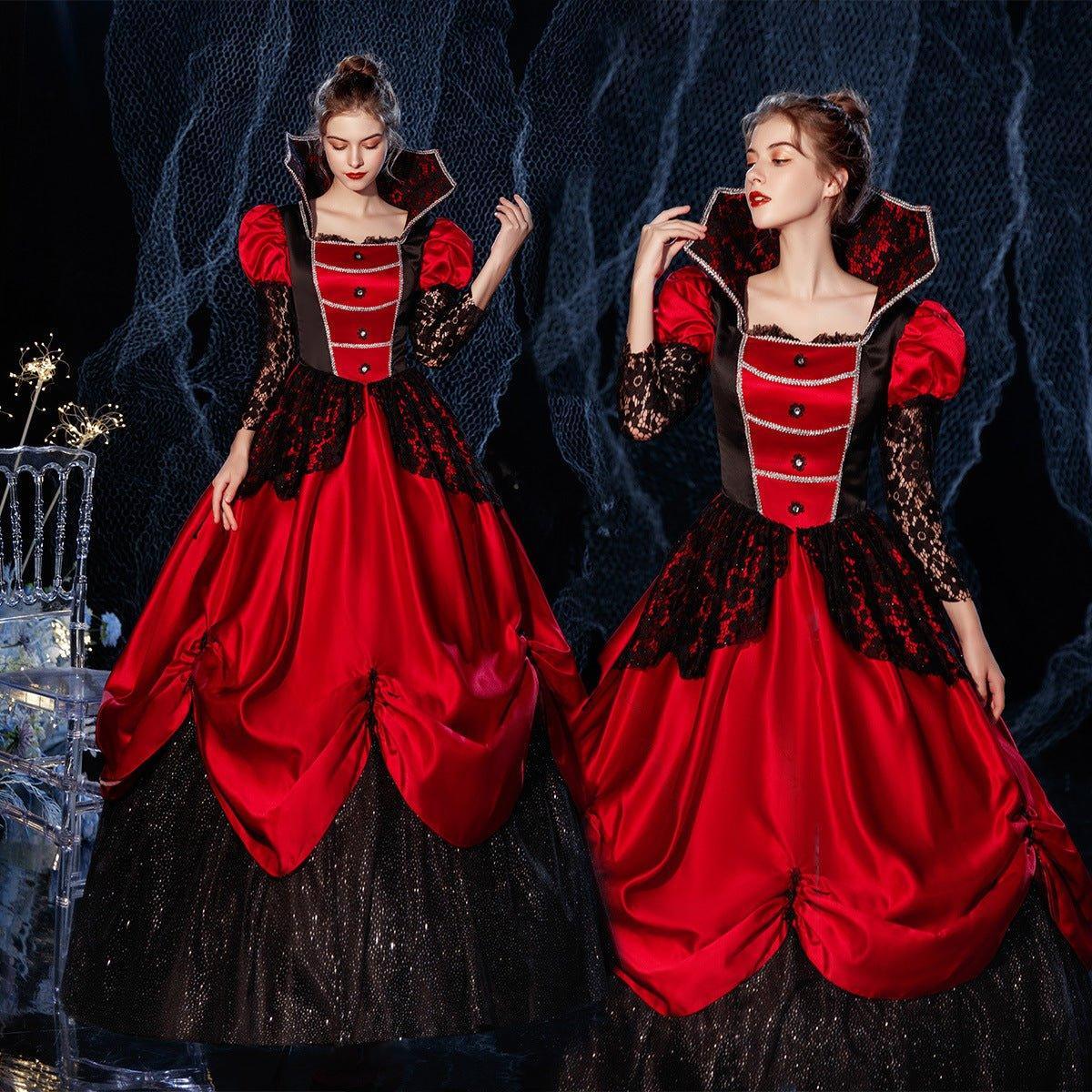 Crimson Noblesse Gown: Gothic Red and Black Halloween Costume for Theatrical Events - Coscosmos