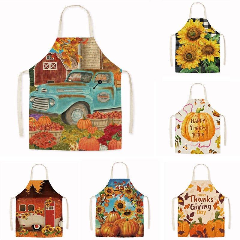 Cross - border new imitation hemp Thanksgiving apron sunflower pumpkin creative apron kitchen housework oil - proof and anti - fouling apron - Coscosmos