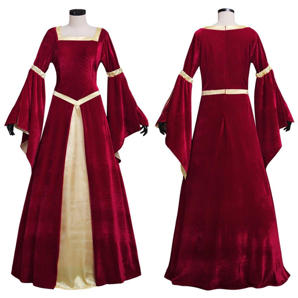 Custom Made Medieval Velvet Dark Red Yellow Lined Trumpet Sleeves Dress for Women | Wedding Dress, Fancy Halloween Party Costume - Coscosmos