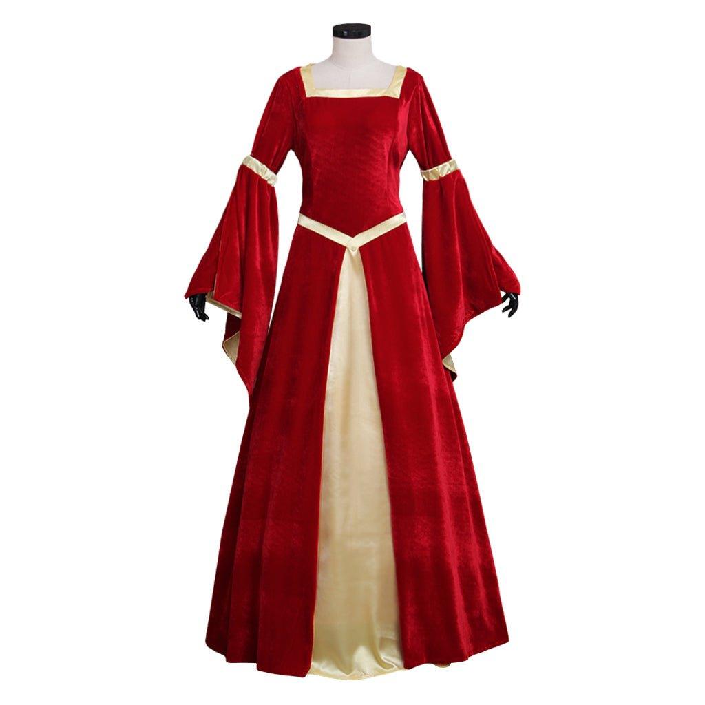 Custom Made Medieval Velvet Red Yellow Trumpet Sleeves Dress | Wedding & Fancy Party Costume - Coscosmos