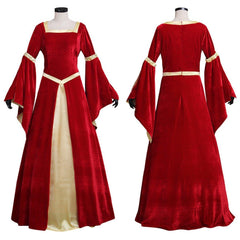 Custom Made Medieval Velvet Red Yellow Trumpet Sleeves Dress | Wedding & Fancy Party Costume - Coscosmos