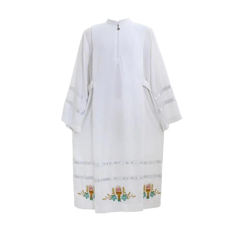 Custom Medieval Clergy Robe - White Cassock Cosplay Costume with Embroidery | Coscomos Medieval Series - Coscosmos