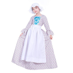 Reenactment Pioneer Prairie Colonial Maid Girls Kids Costume Carnival Victorian Medieval Cosplay Child Dress with Hat