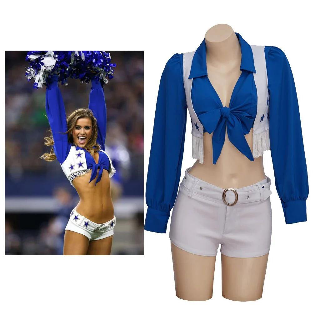 Dallas Cowboy Cheerleader Costume High School Cheerleading Cosplay Costume Sexy Blue And White Top And Pants Set - Coscosmos