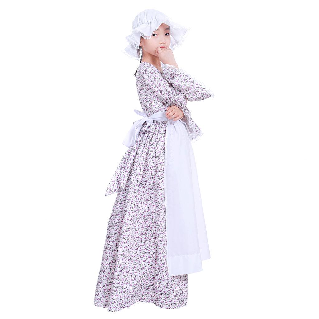 Reenactment Pioneer Prairie Colonial Maid Girls Kids Costume Carnival Victorian Medieval Cosplay Child Dress with Hat