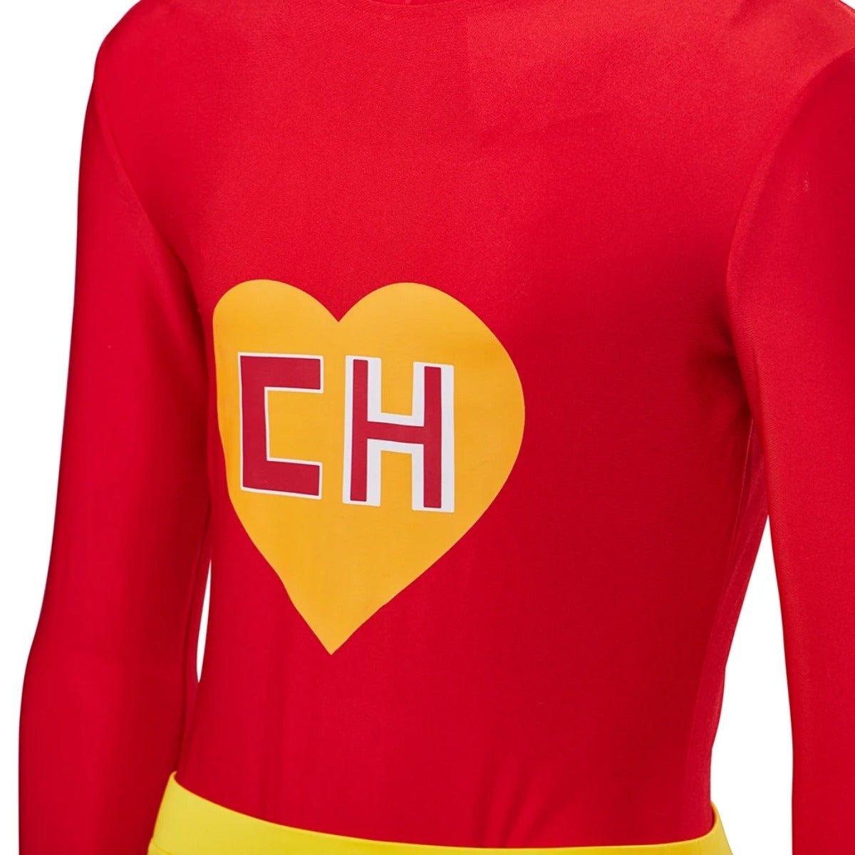 El Chapulin Colorado Costume Red Bodysuit CH Heart Printed Halloween Cosplay Outfits for Adults Mens Hoodie Jumpsuit - Coscosmos