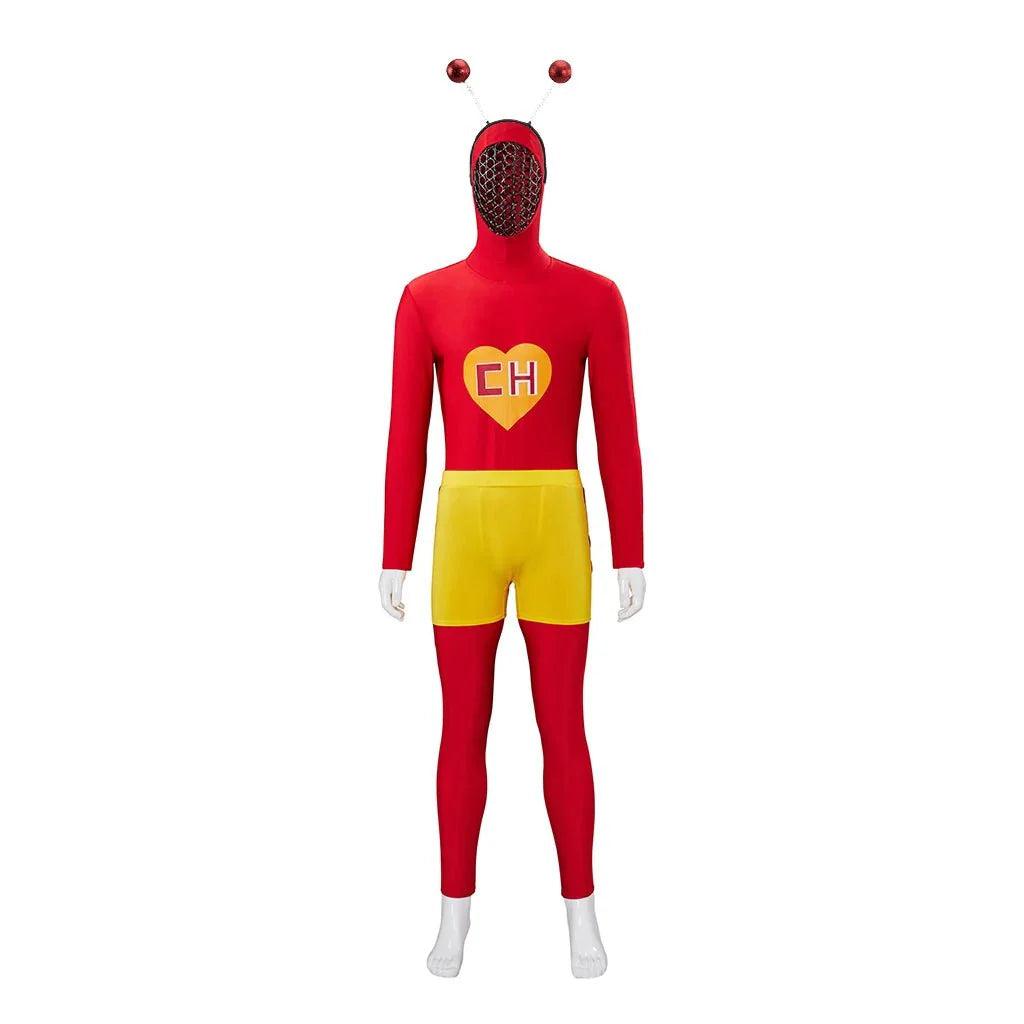 El Chapulin Colorado Costume Red Bodysuit CH Heart Printed Halloween Cosplay Outfits for Adults Mens Hoodie Jumpsuit - Coscosmos