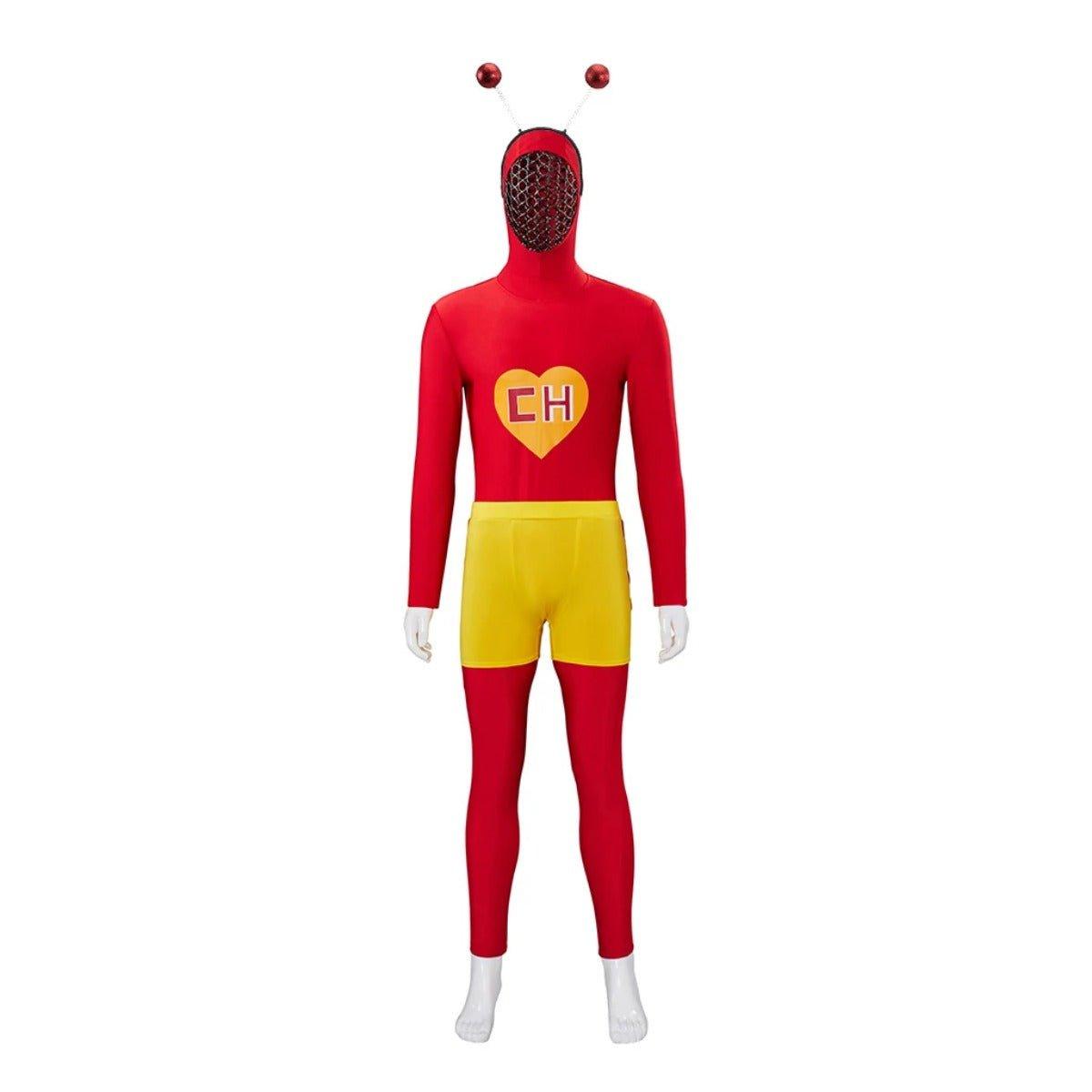 El Chapulin Colorado Costume Red Bodysuit CH Heart Printed Halloween Cosplay Outfits for Adults Mens Hoodie Jumpsuit - Coscosmos