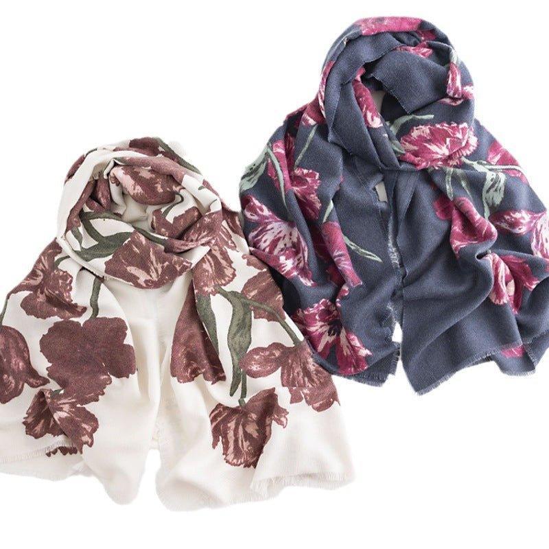 Elegant Floral Print Cashmere - like Scarf for Women, Warm and Cozy Shawl for Fall and Winter, Perfect for Thanksgiving and Halloween Gifts - Coscosmos