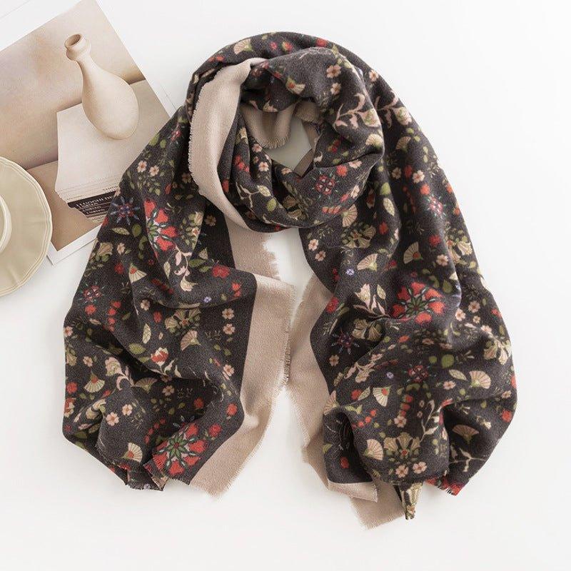 Elegant Floral Print Faux Cashmere Scarf for Women | Cozy & Stylish Fall Winter Scarf | Thanksgiving & Halloween Gift Idea - Coscosmos