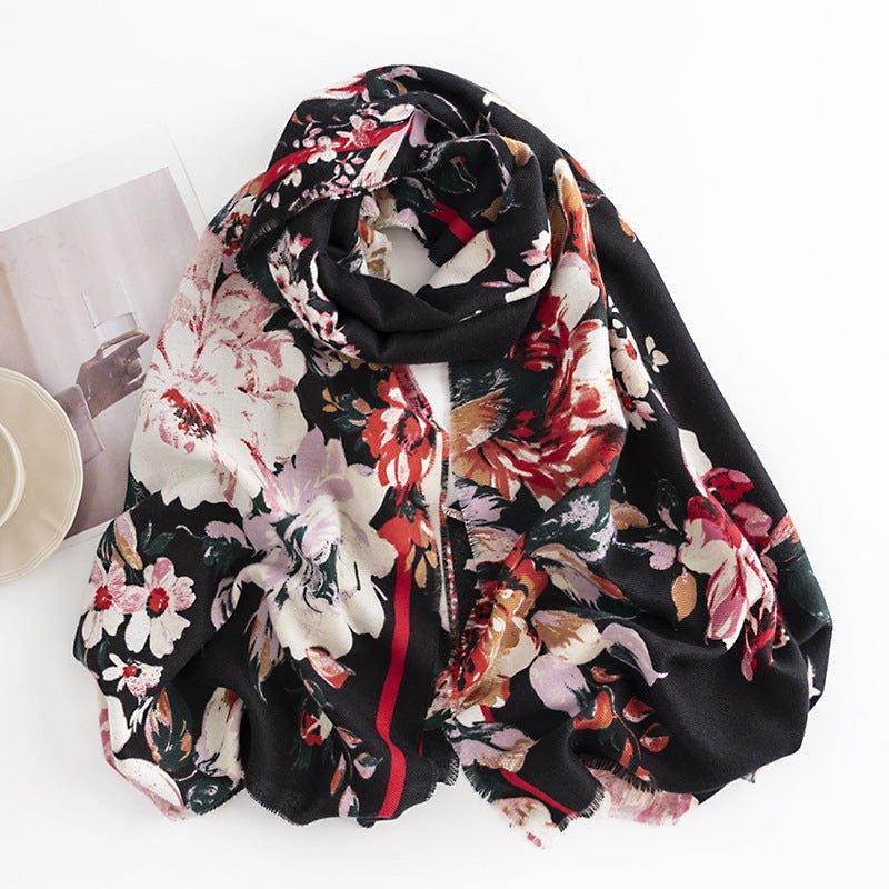 Elegant Floral Print Women's Scarf | Retro Chinese Style Cashmere - Like Shawl | Warm, Fashionable, and Perfect for Thanksgiving & Halloween - Coscosmos