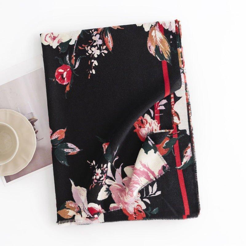 Elegant Floral Print Women's Scarf | Retro Chinese Style Cashmere - Like Shawl | Warm, Fashionable, and Perfect for Thanksgiving & Halloween - Coscosmos