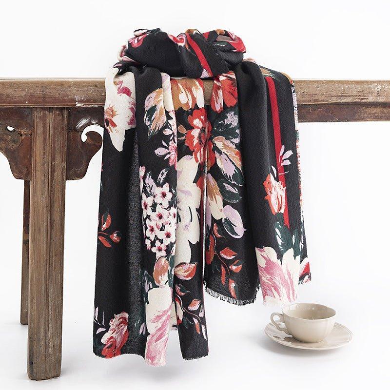 Elegant Floral Print Women's Scarf | Retro Chinese Style Cashmere - Like Shawl | Warm, Fashionable, and Perfect for Thanksgiving & Halloween - Coscosmos