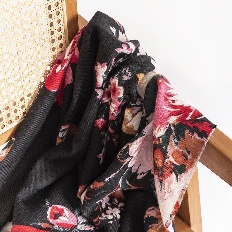 Elegant Floral Print Women's Scarf | Retro Chinese Style Cashmere - Like Shawl | Warm, Fashionable, and Perfect for Thanksgiving & Halloween - Coscosmos