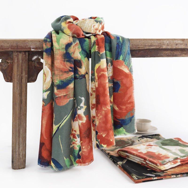 Elegant Women's Cashmere - like Scarf | Chinese Style Floral Print | Warm Shawl for Fall & Winter | Fashion Neck Wrap - Coscosmos