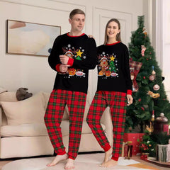 Family Matching Christmas Reindeer Print Pajamas | Winter Holiday Black Top & Plaid Pants Sibling Outfit - Coscosmos