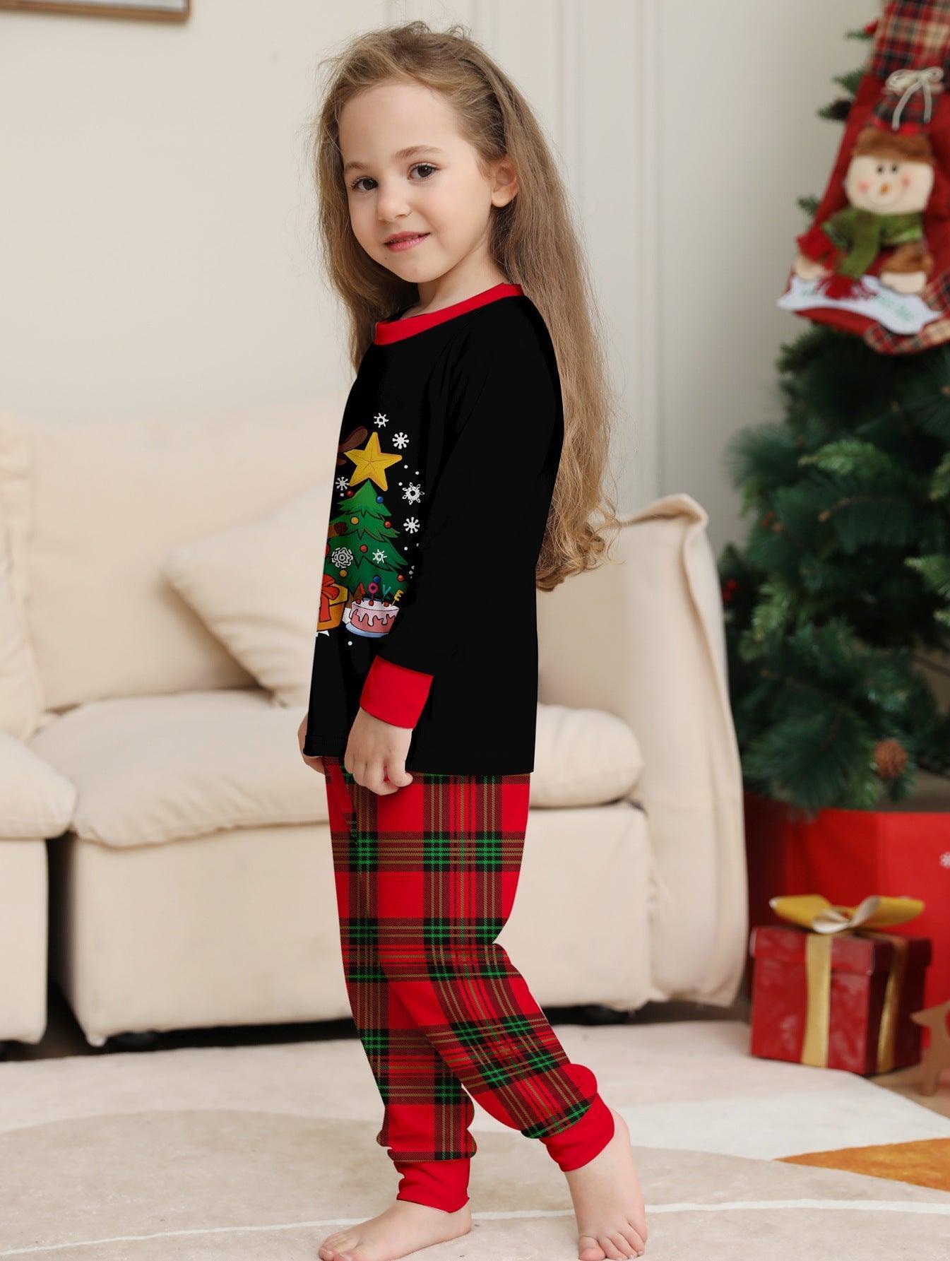 Family Matching Christmas Reindeer Print Pajamas | Winter Holiday Black Top & Plaid Pants Sibling Outfit - Coscosmos