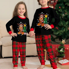 Family Matching Christmas Reindeer Print Pajamas | Winter Holiday Black Top & Plaid Pants Sibling Outfit - Coscosmos