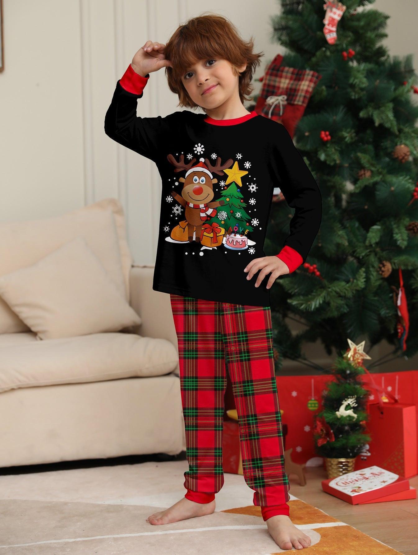 Family Matching Christmas Reindeer Print Pajamas | Winter Holiday Black Top & Plaid Pants Sibling Outfit - Coscosmos