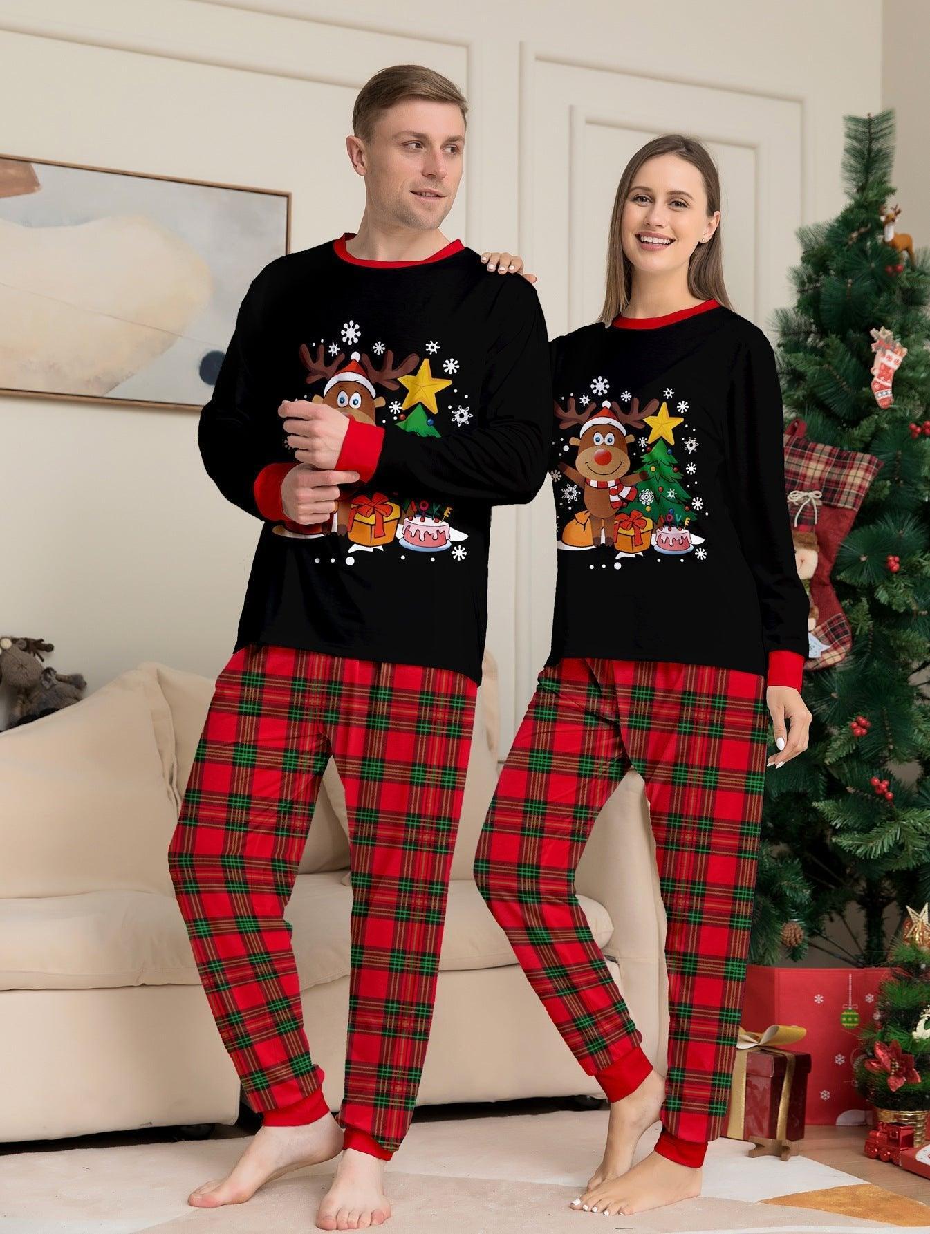 Family Matching Christmas Reindeer Print Pajamas | Winter Holiday Black Top & Plaid Pants Sibling Outfit - Coscosmos