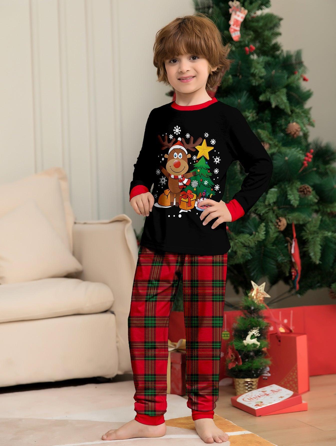 Family Matching Christmas Reindeer Print Pajamas | Winter Holiday Black Top & Plaid Pants Sibling Outfit - Coscosmos