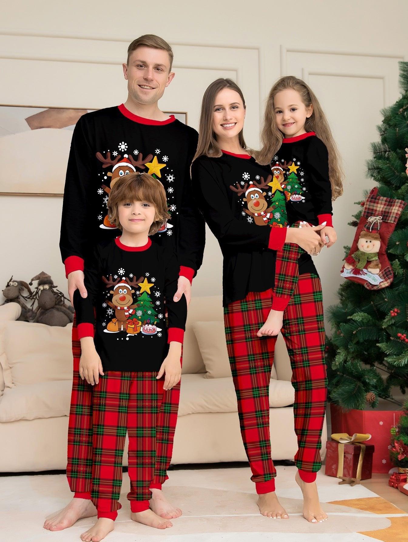 Family Matching Christmas Reindeer Print Pajamas | Winter Holiday Black Top & Plaid Pants Sibling Outfit - Coscosmos