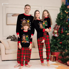 Family Matching Christmas Reindeer Print Pajamas | Winter Holiday Black Top & Plaid Pants Sibling Outfit - Coscosmos