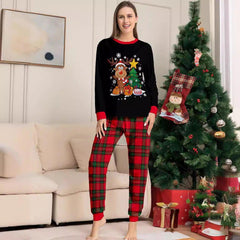 Family Matching Christmas Reindeer Print Pajamas | Winter Holiday Black Top & Plaid Pants Sibling Outfit - Coscosmos