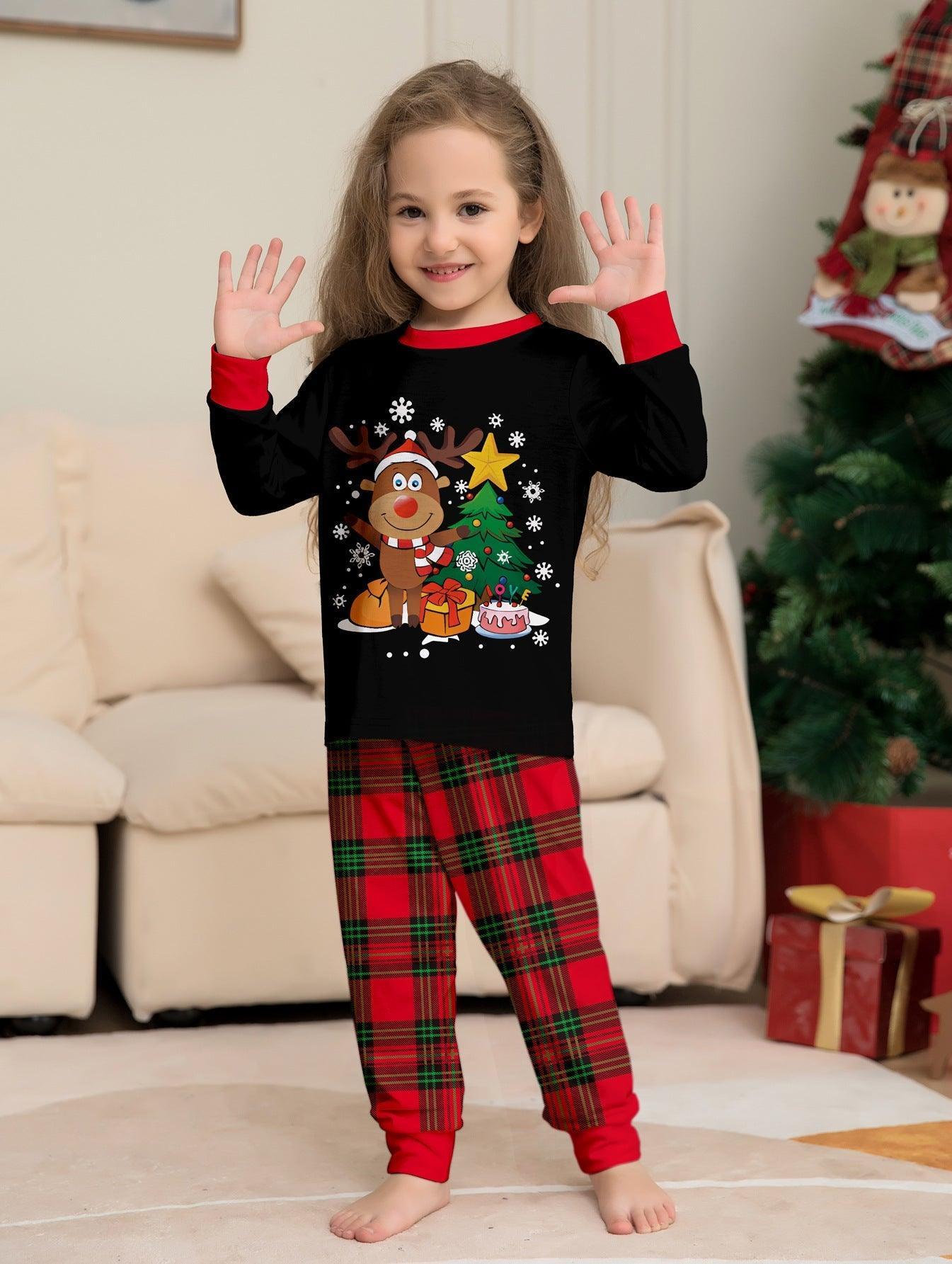 Family Matching Christmas Reindeer Print Pajamas | Winter Holiday Black Top & Plaid Pants Sibling Outfit - Coscosmos