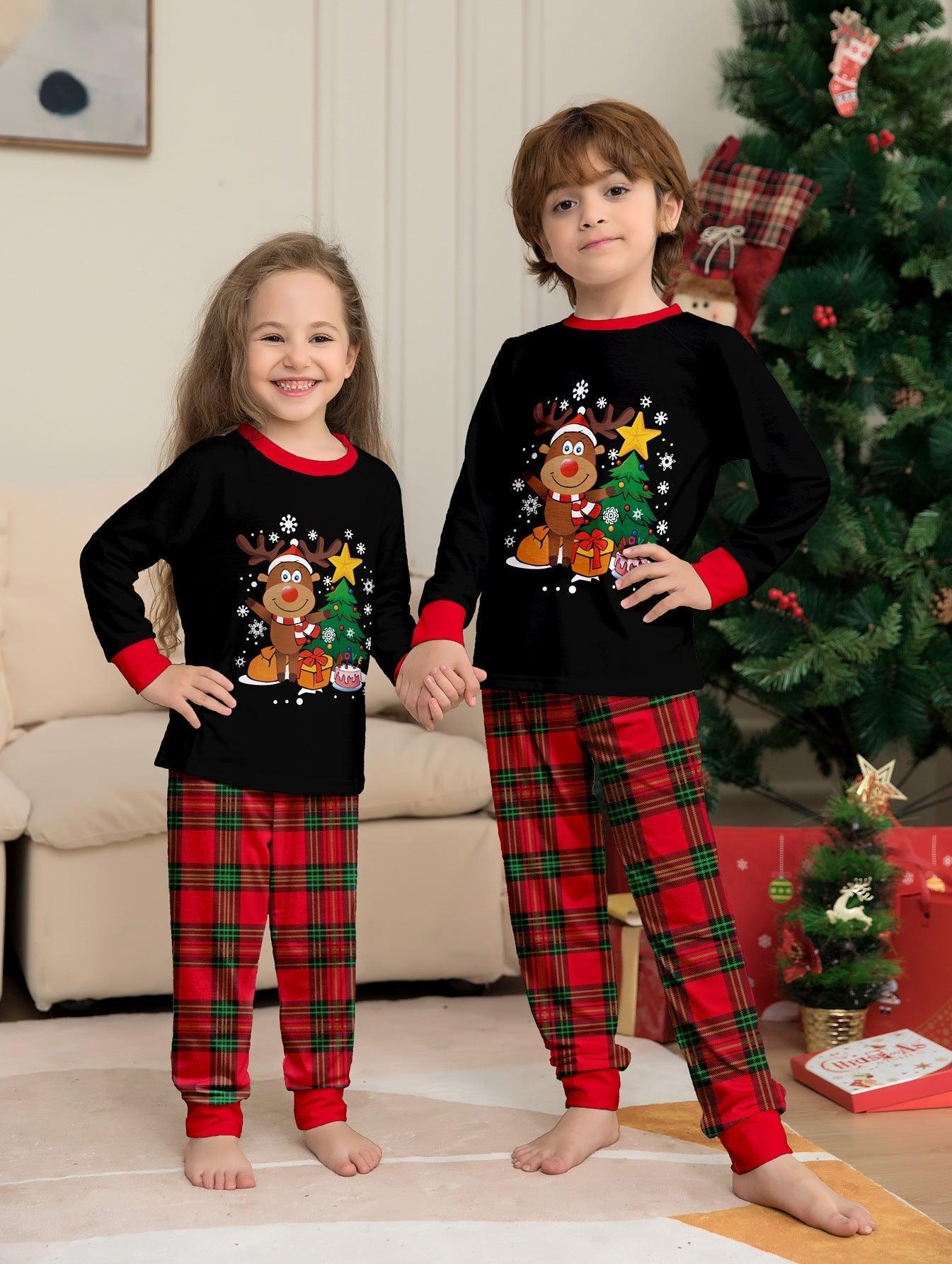 Family Matching Christmas Reindeer Print Pajamas | Winter Holiday Black Top & Plaid Pants Sibling Outfit - Coscosmos