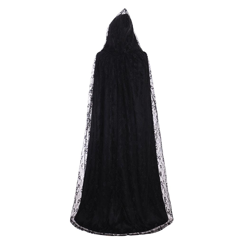 Womens Long Cape Cloak Hooded Steampunk Womens Witch Cape Black Hooded Lace Long Coat Priestess Halloween Costume Maix Cloak