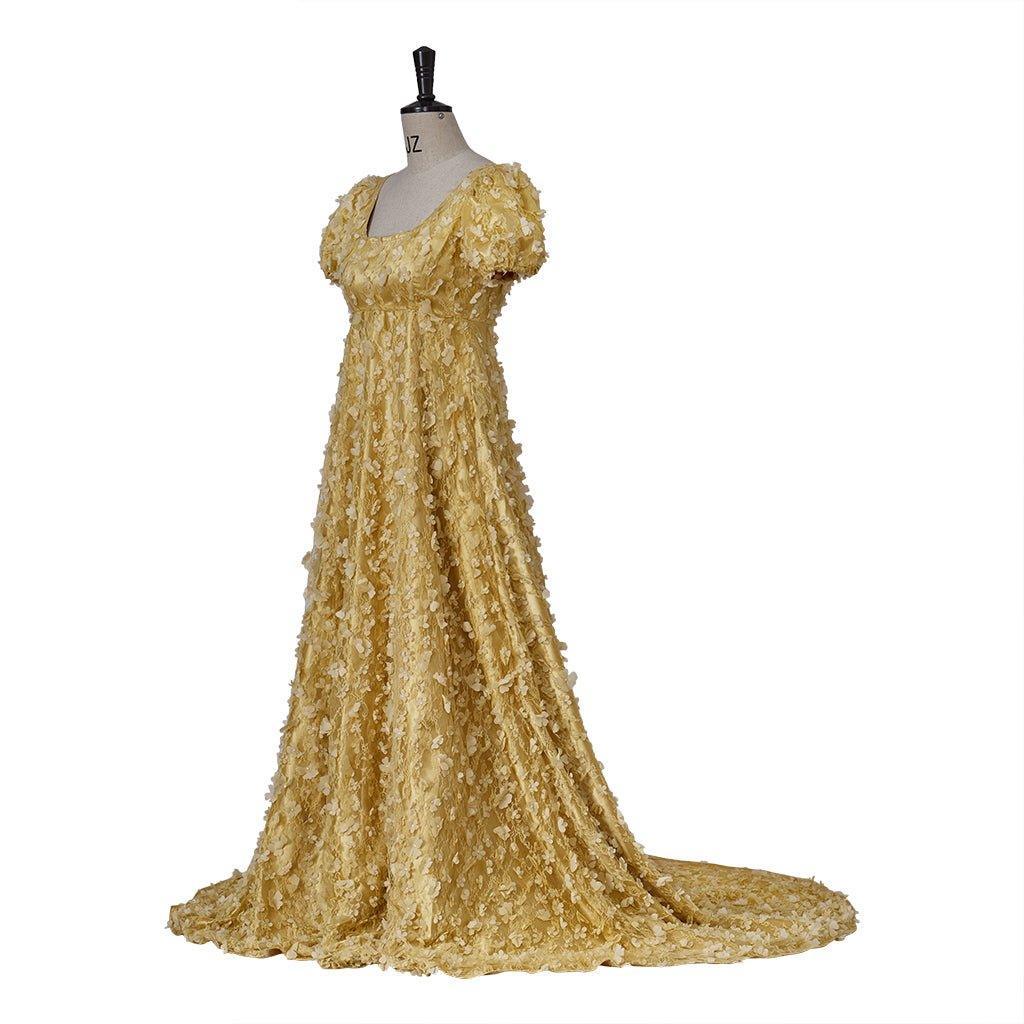 Gold Patterned Silk Empire Gown - Historical Regency Dress for Bridgerton Cosplay, Halloween, Christmas, Tea Parties, and Ballroom Events - Coscosmos