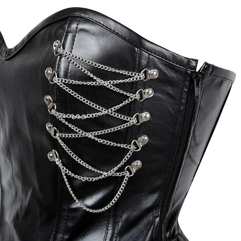 Gothic PU Leather Steel - Boned Corset with Zipper | 11 Steel Bones Waist Trainer | Coscomos - Coscosmos